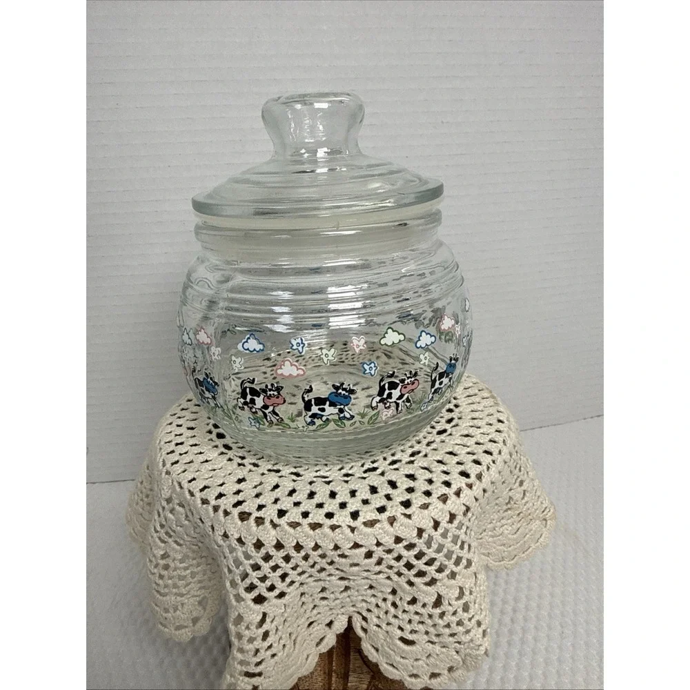 KIG Indonesia Vintage Glass Candy Jar Cannister Apothecary Lid Happy Cows. 5X5